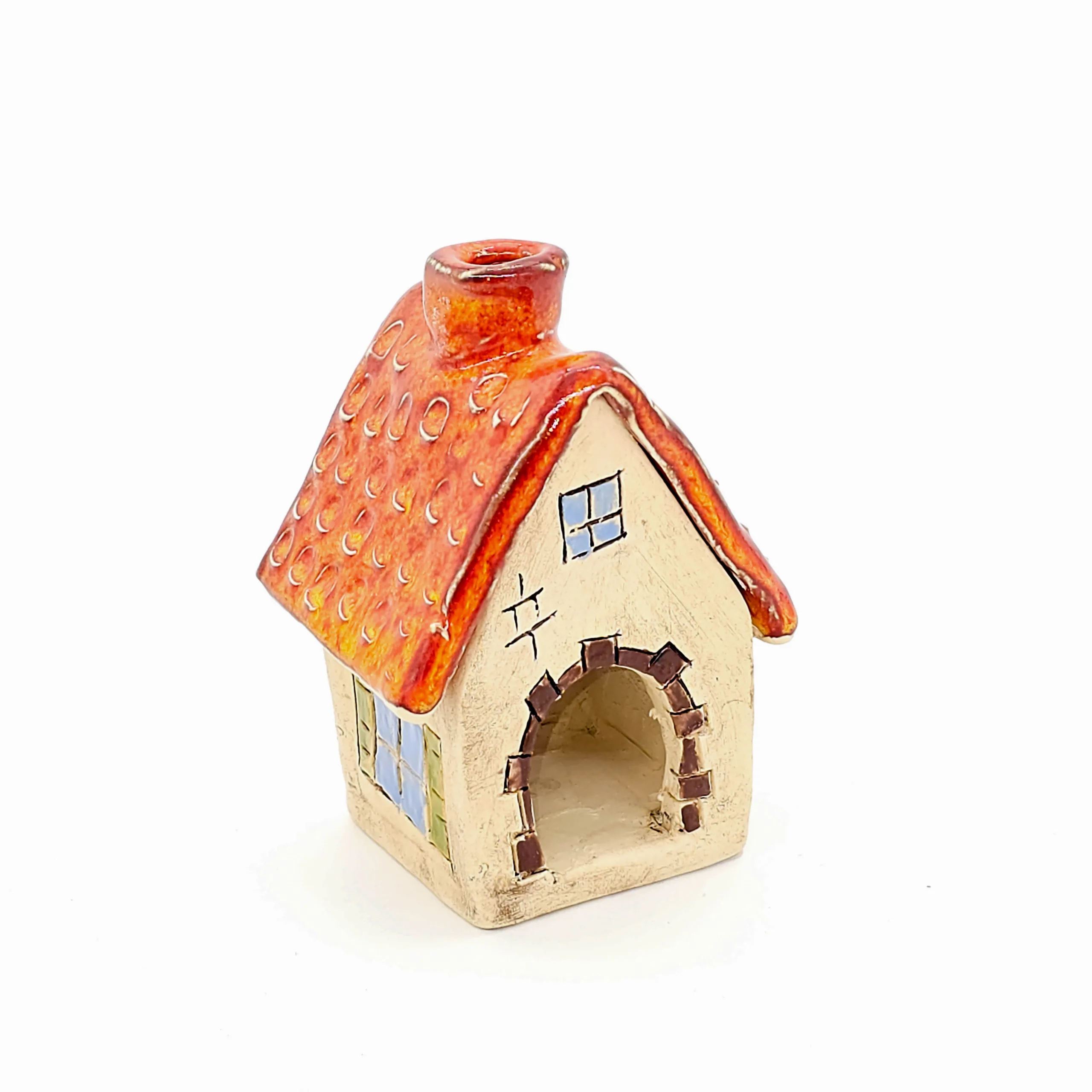 Miniaturräucherhaus aus Ton, mit roten Dach