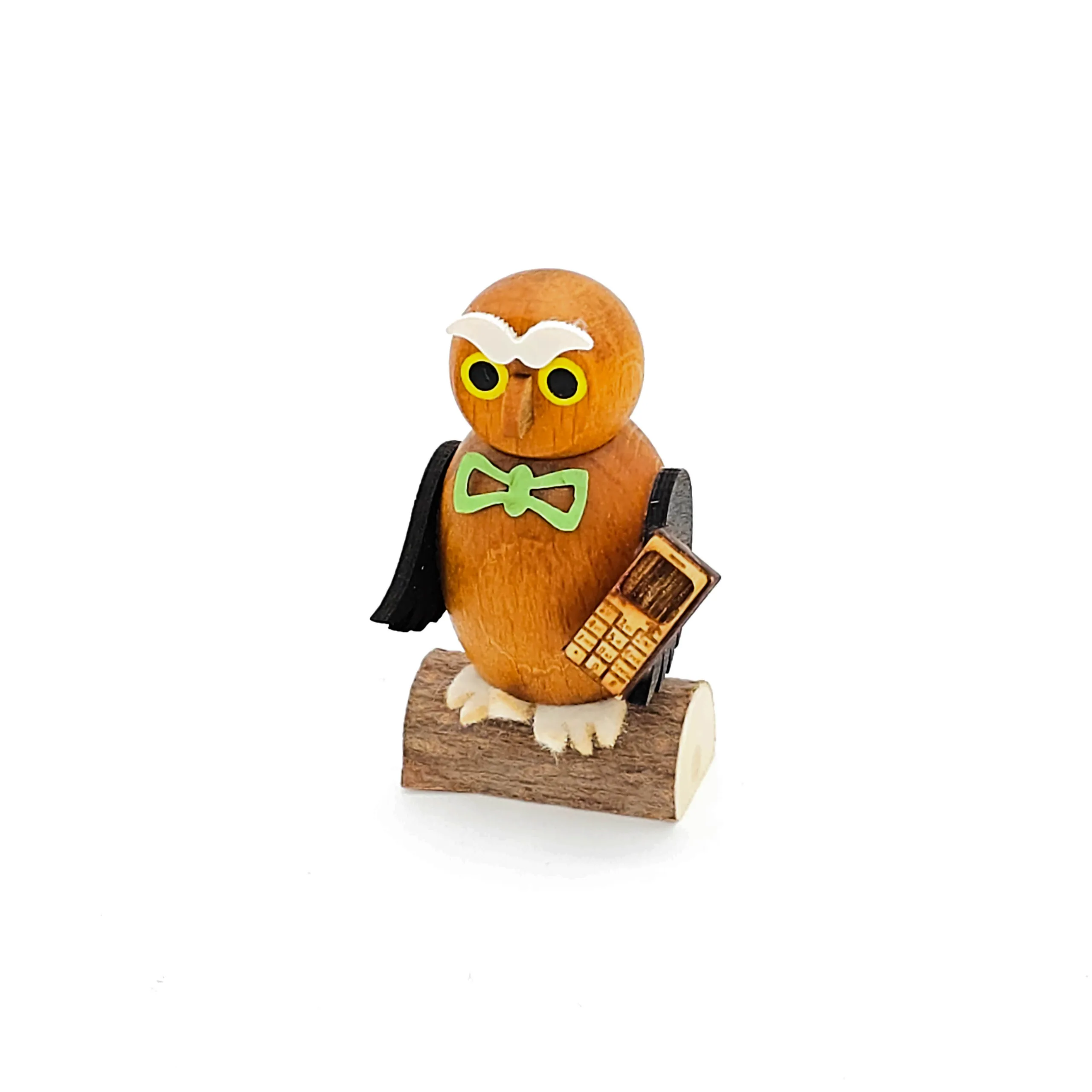 kleine Eulen aus Holz mit Handy